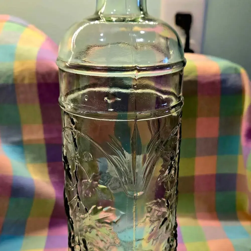 Vintage Green Glass Bottle Decanter with Raised Grape and Vine Relief Design